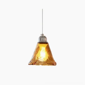 Tiro amber glass pendant light with hand-blown wavy shade and chrome metal fixture, front studio view against white background