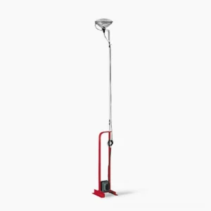 Toio red floor lamp studio front view with chrome lamp head and exposed wiring