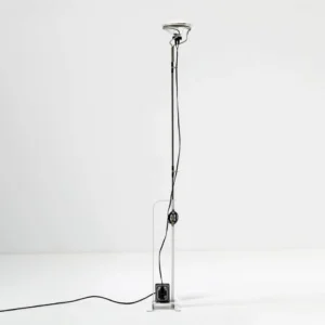 Toio white adjustable floor lamp frontal view with minimalist metal pole design