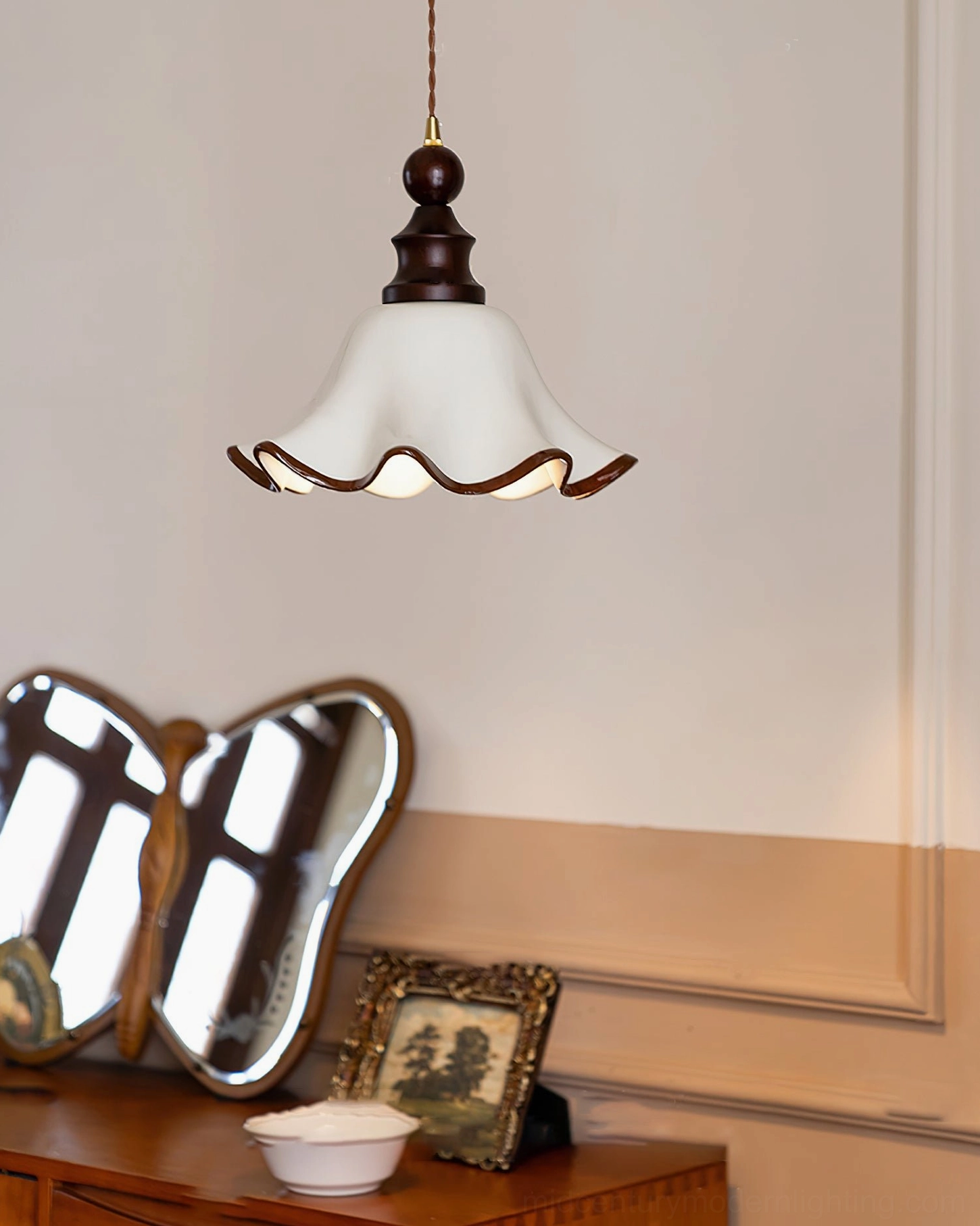 Toledo colonial style ceramic pendant light hanging in vintage entryway with wooden console table