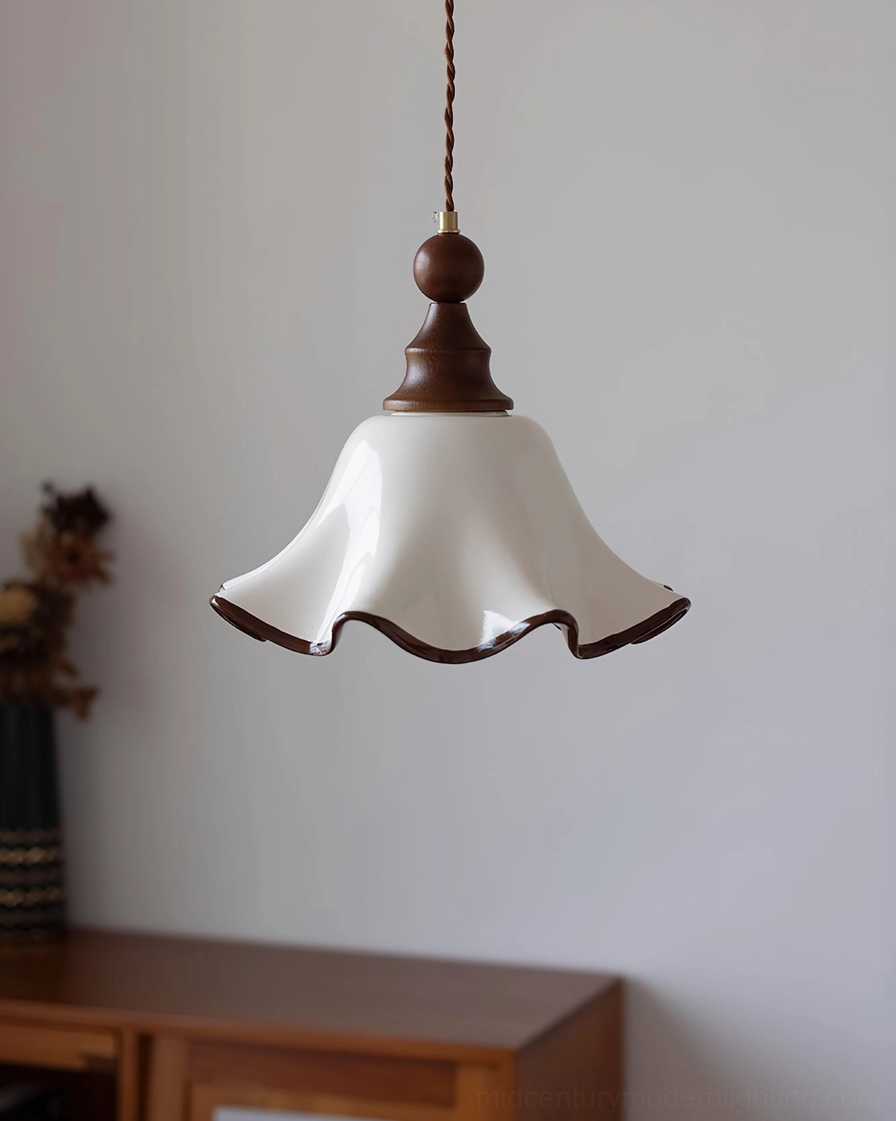 Retro Toledo wavy ceramic pendant lamp in minimalist vintage living area, glossy white finish