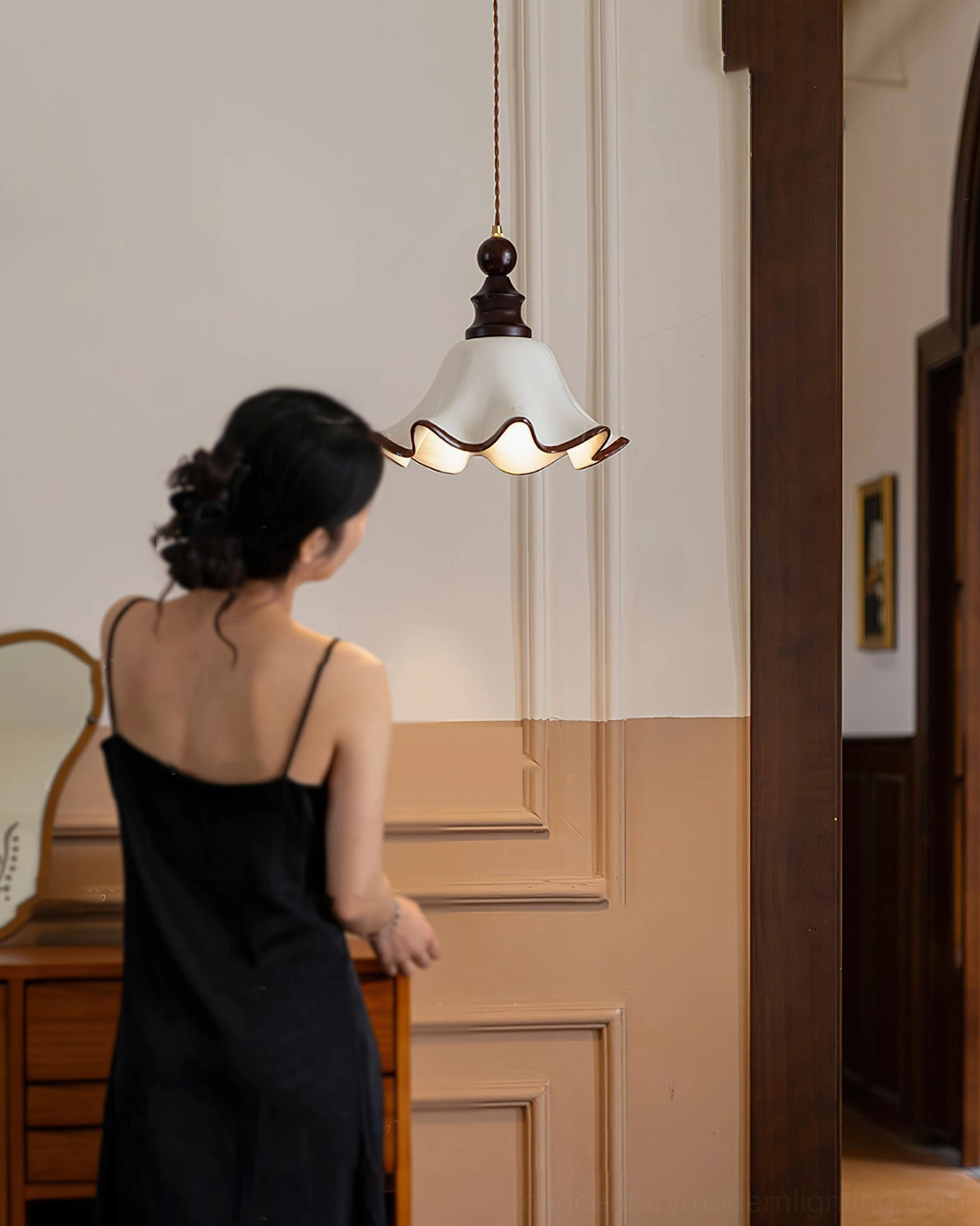Retro Toledo wave pendant light in paneled vintage hallway, warm cozy home atmosphere