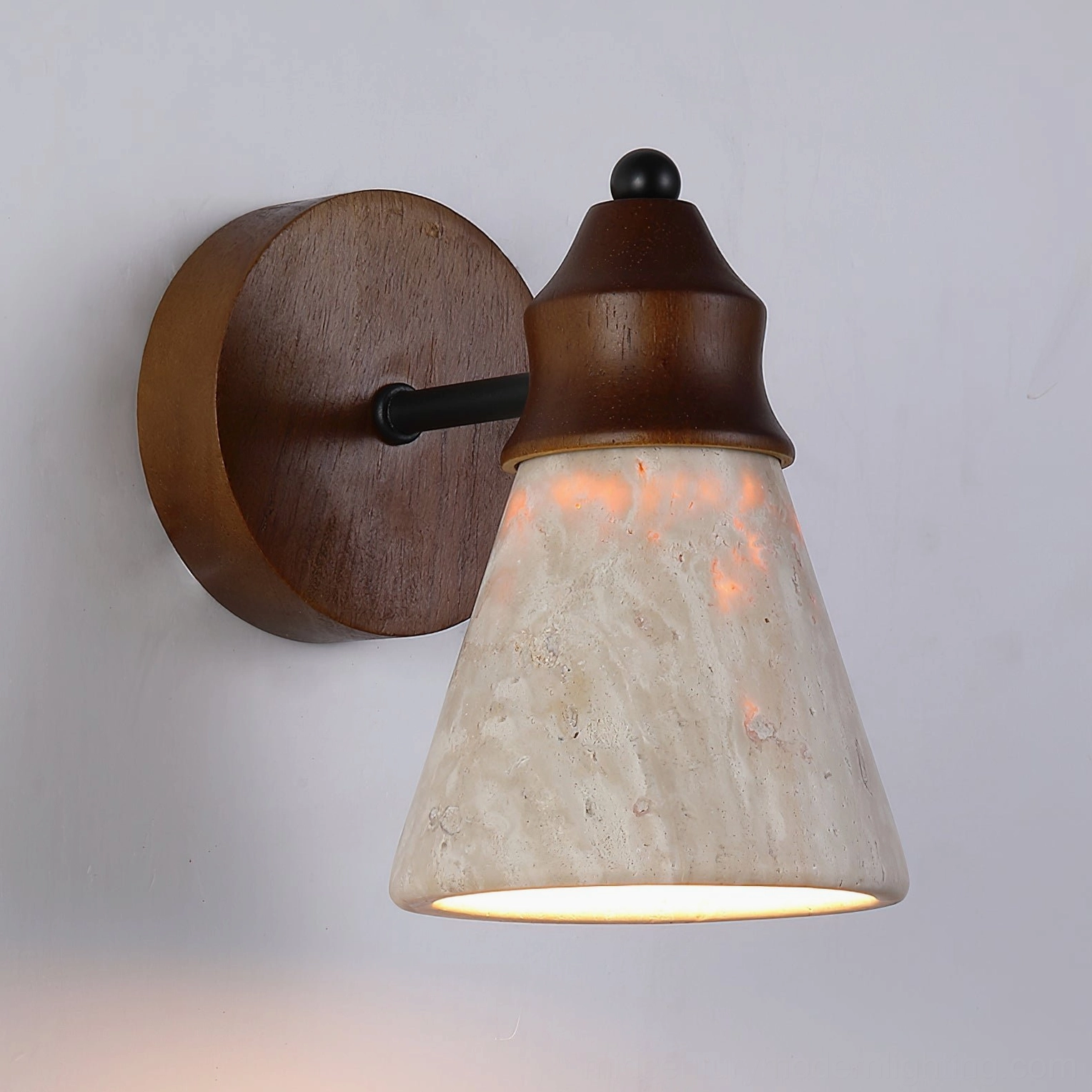 Toltec mid-century modern travertine wall sconce, architectural styling with geometric conical shade design