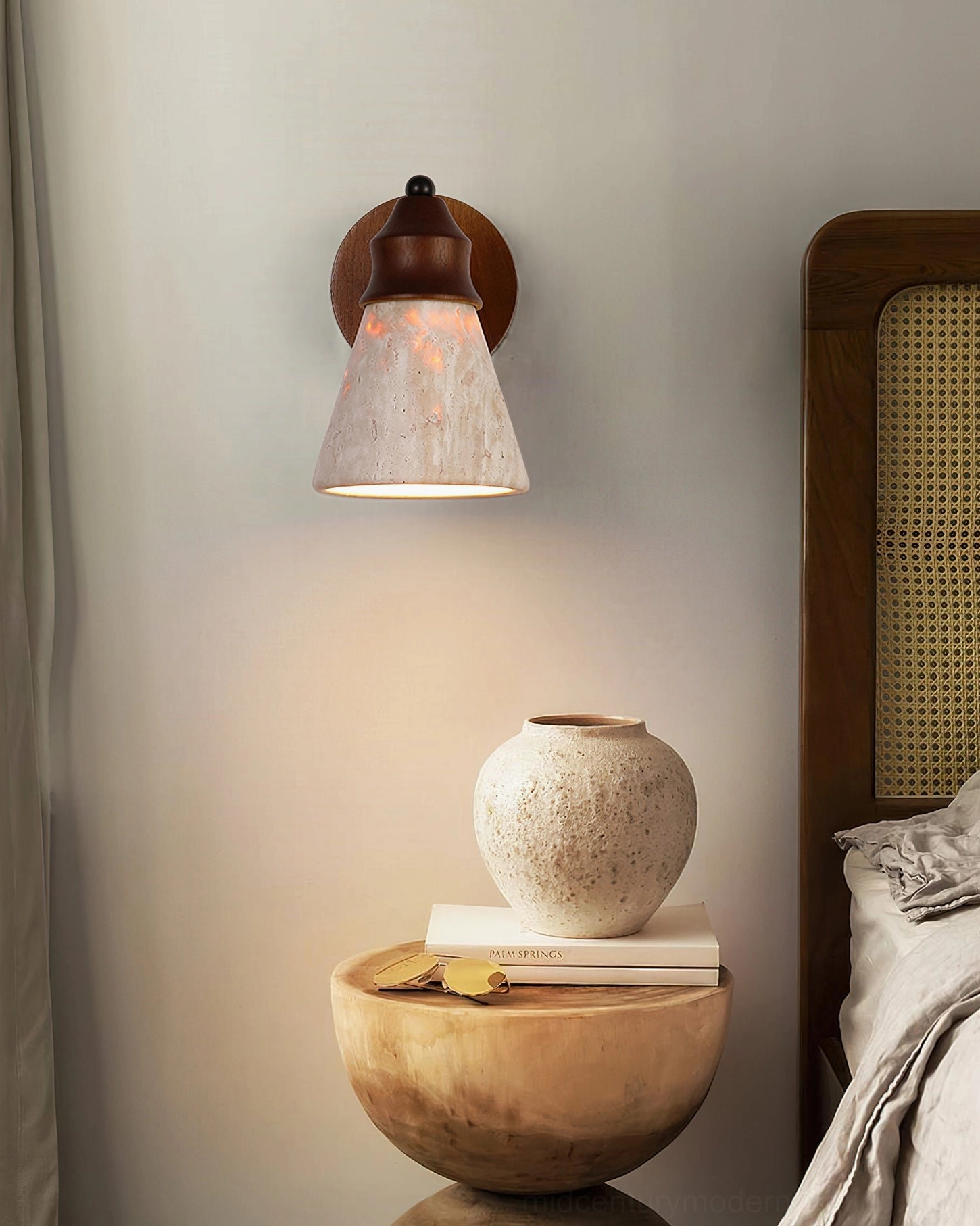 Toltec travertine wall sconce architectural detail showing craftsmanship and material quality of stone and wood