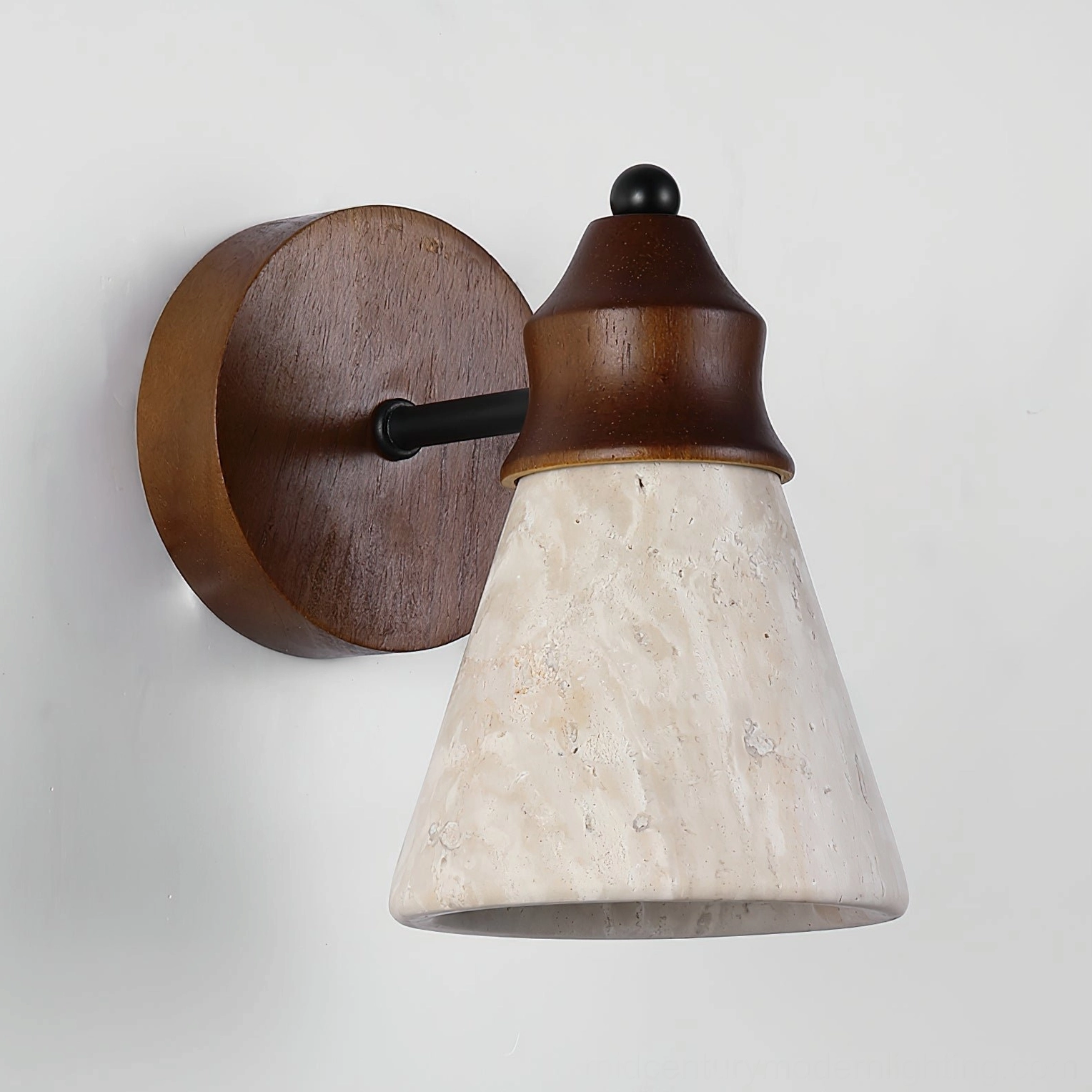 Travertine wall sconce close-up front view on white background, detailed texture of natural porous stone