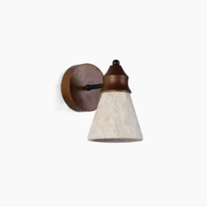 Toltec travertine wall sconce with conical stone shade and walnut wood base, front view on white background