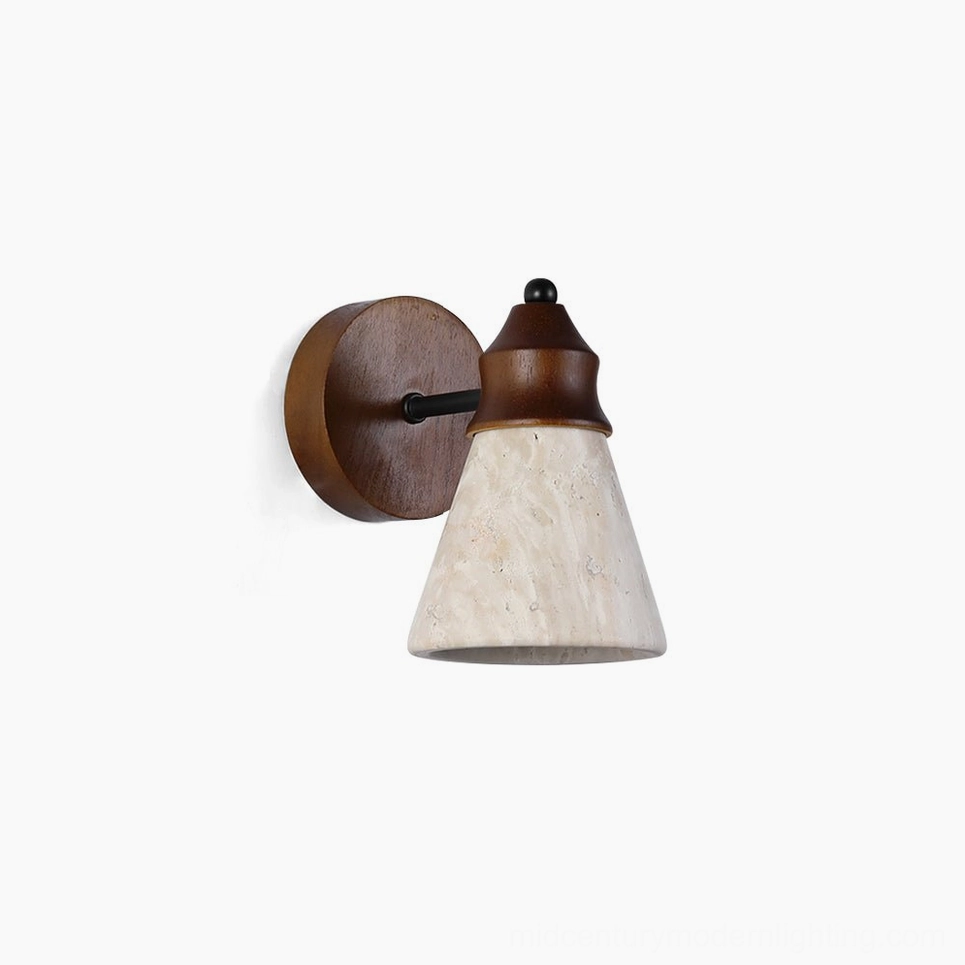 Toltec travertine wall sconce with conical stone shade and walnut wood base, front view on white background