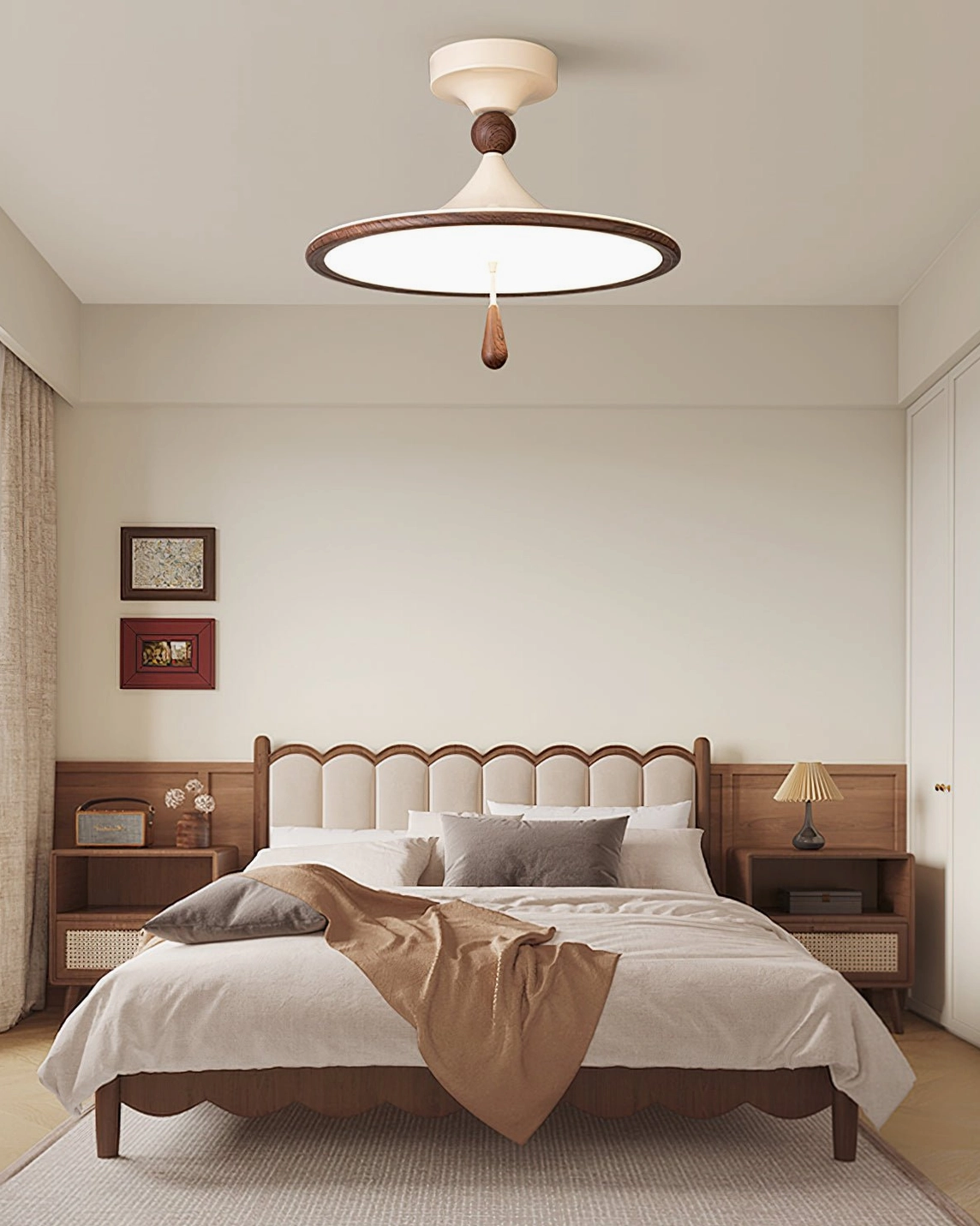 Tomaso ceiling light creating warm ambient glow in cozy bedroom with wooden bed frame and neutral decor