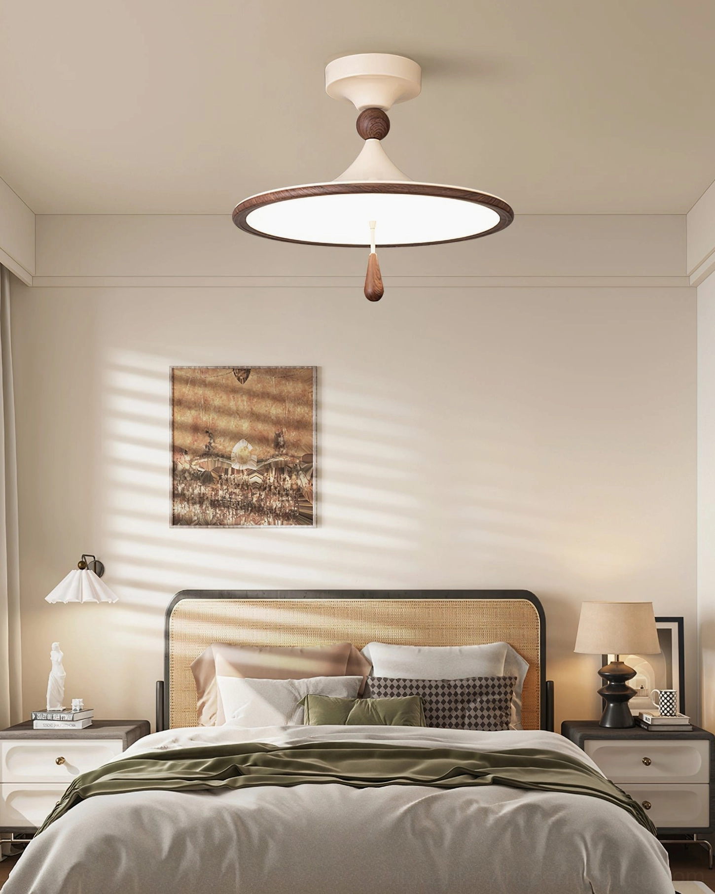Tomaso mid-century modern ceiling light installed in warm vintage Nordic bedroom interior design