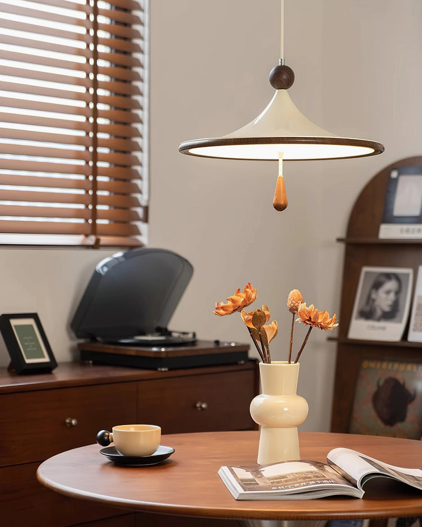 Side view of Tomaso pendant light showing conical shade and wooden spherical finial detail in vintage home setting