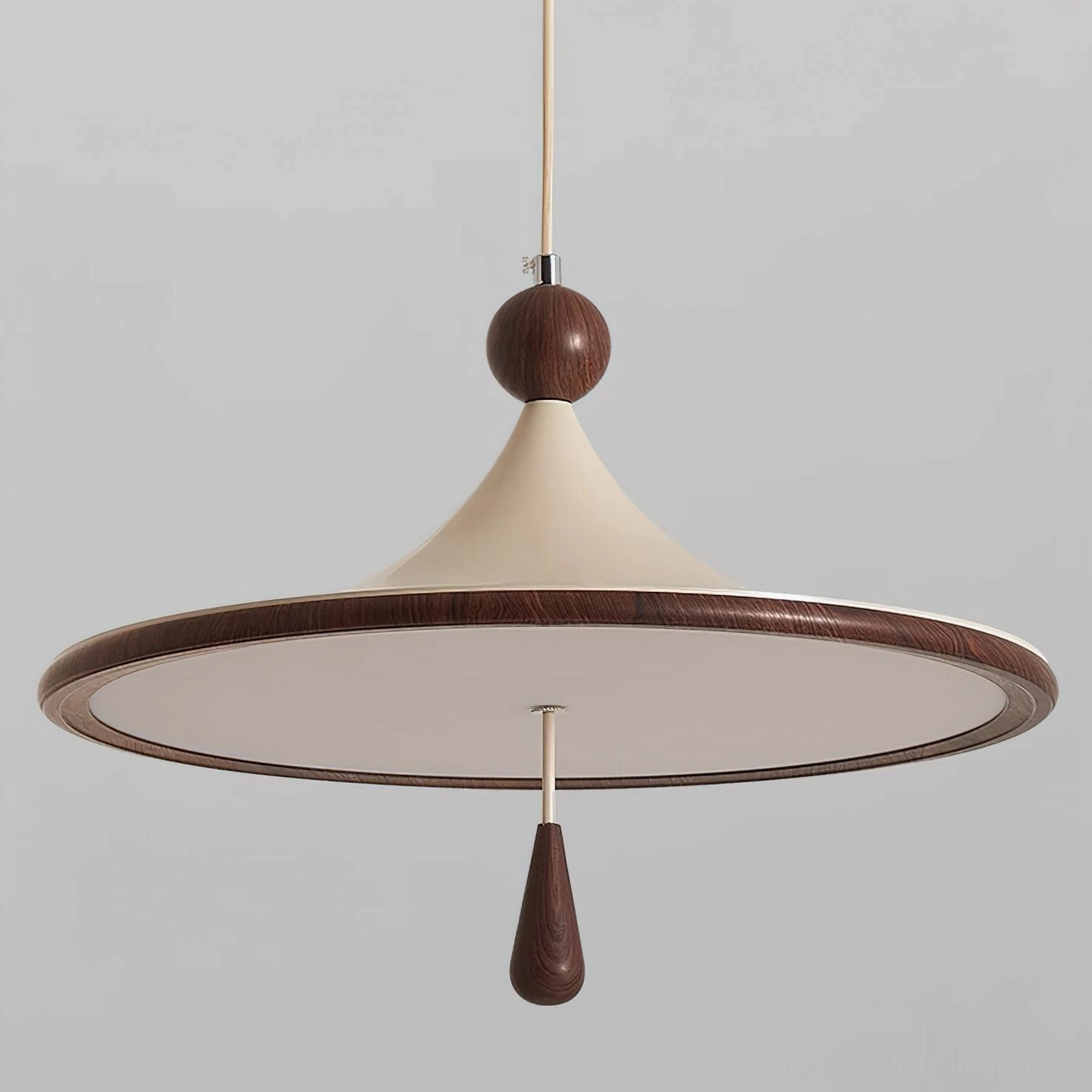Tomaso pendant light architectural detail showing metal construction and wood sphere finial