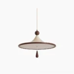 Tomaso mid-century modern pendant light with beige conical shade and walnut wood accent on white background