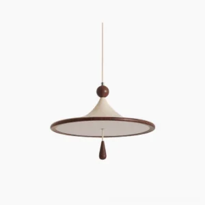 Tomaso mid-century modern pendant light with beige conical shade and walnut wood accent on white background