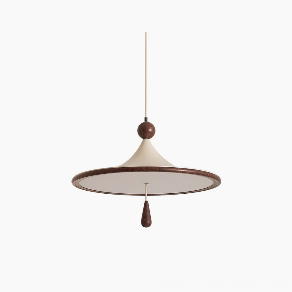 Tomaso mid-century modern pendant light with beige conical shade and walnut wood accent on white background