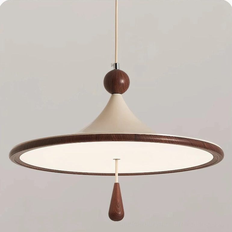 Tomaso mid-century modern pendant light in walnut and beige finish with warm integrated LED
