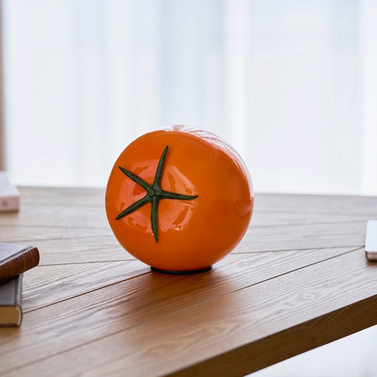 Red tomato shaped glass lamp with integrated LED warm light