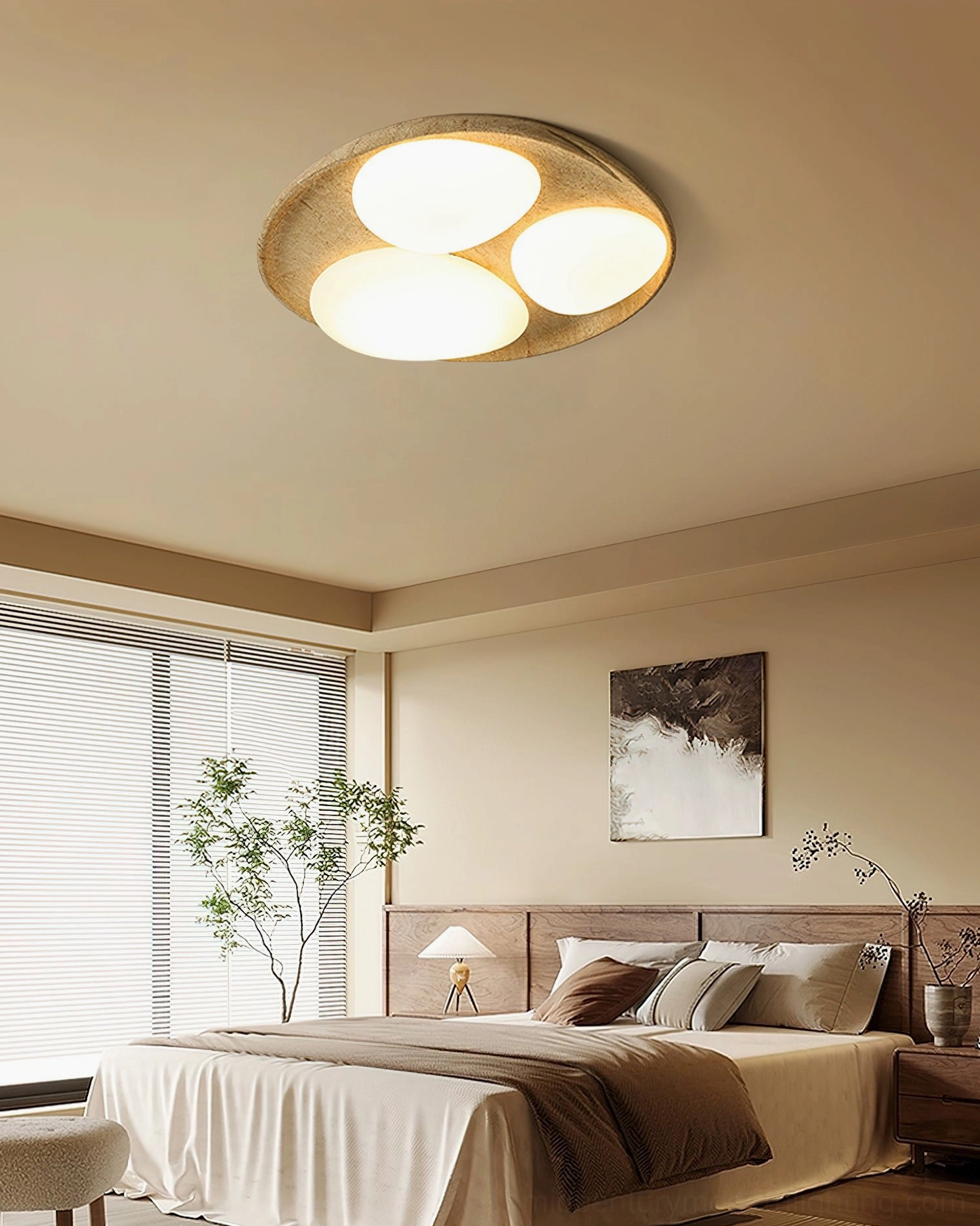 Topo modern ceiling fixture eye level bedroom view showing frosted oval lamp shades with natural wood stone base finish
