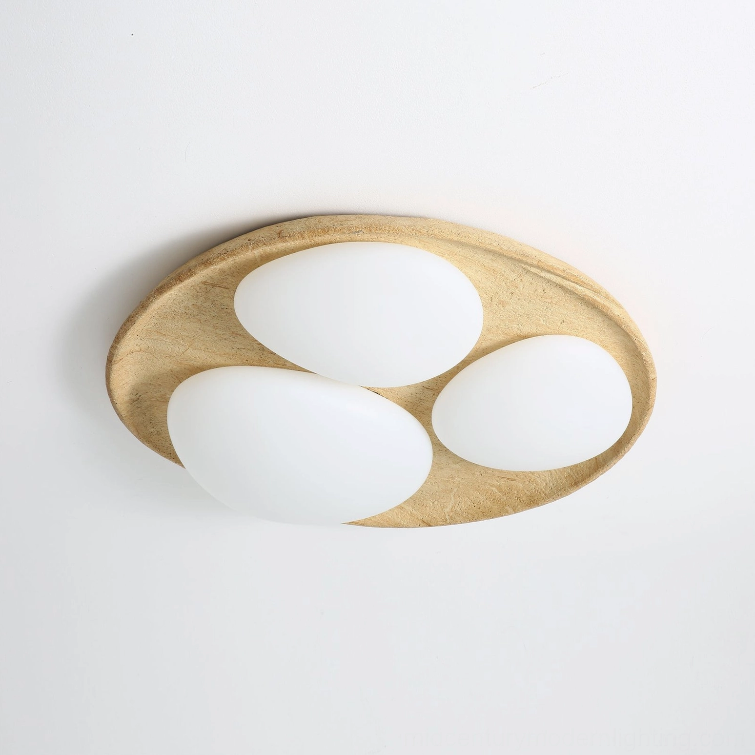 Topo mid-century modern ceiling light architectural detail shot showing stone and acrylic material composition warm lighting