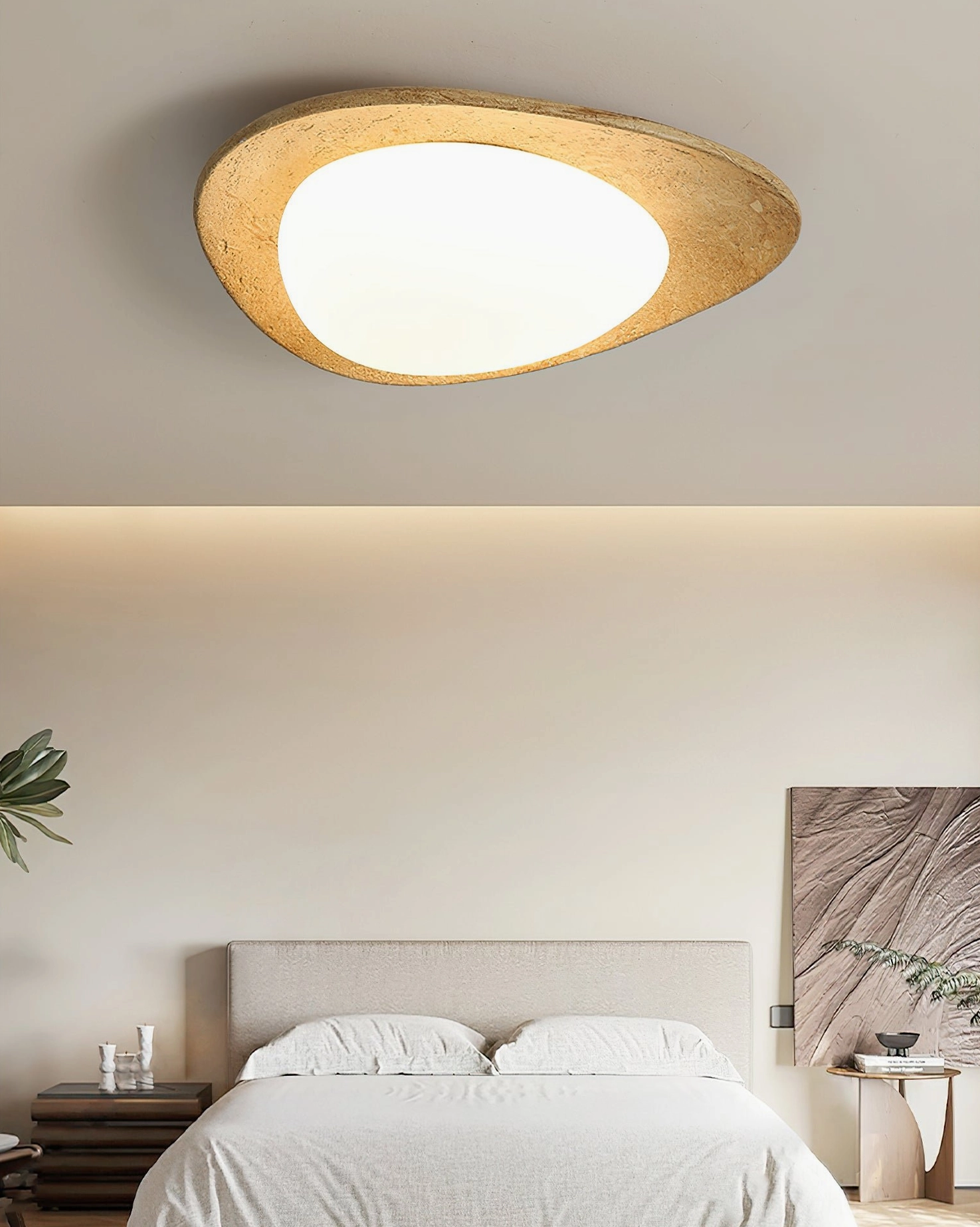 Topo organic wall and ceiling light minimalist bedroom front flat view single large frosted lamp irregular wood base