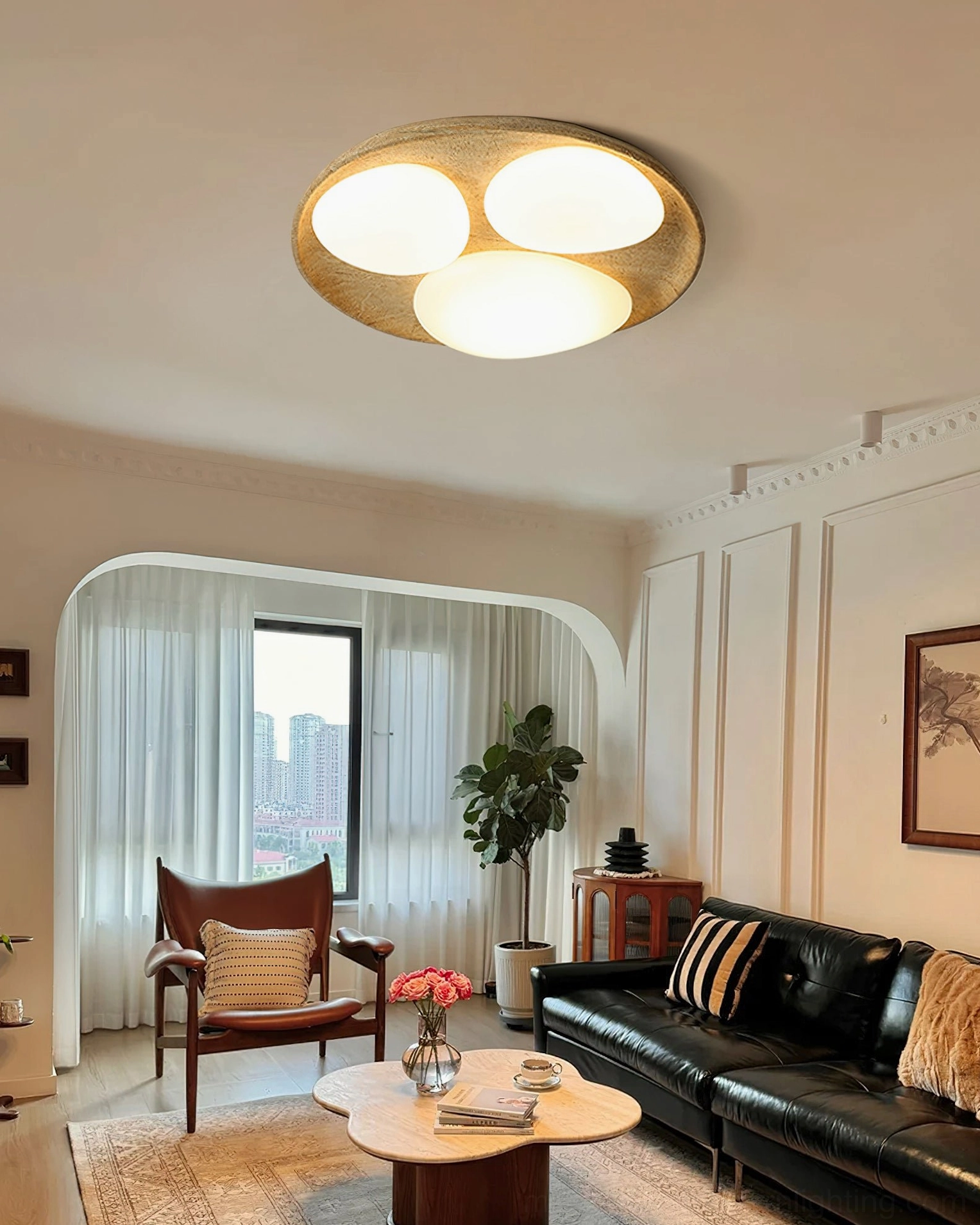 Topo contemporary ceiling light in modern living room with arched window warm neutral decor matching interior styling
