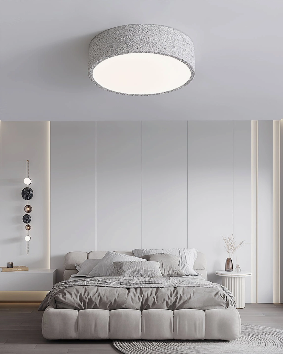 Toren flush mount light in contemporary minimalist bedroom with neutral bedding