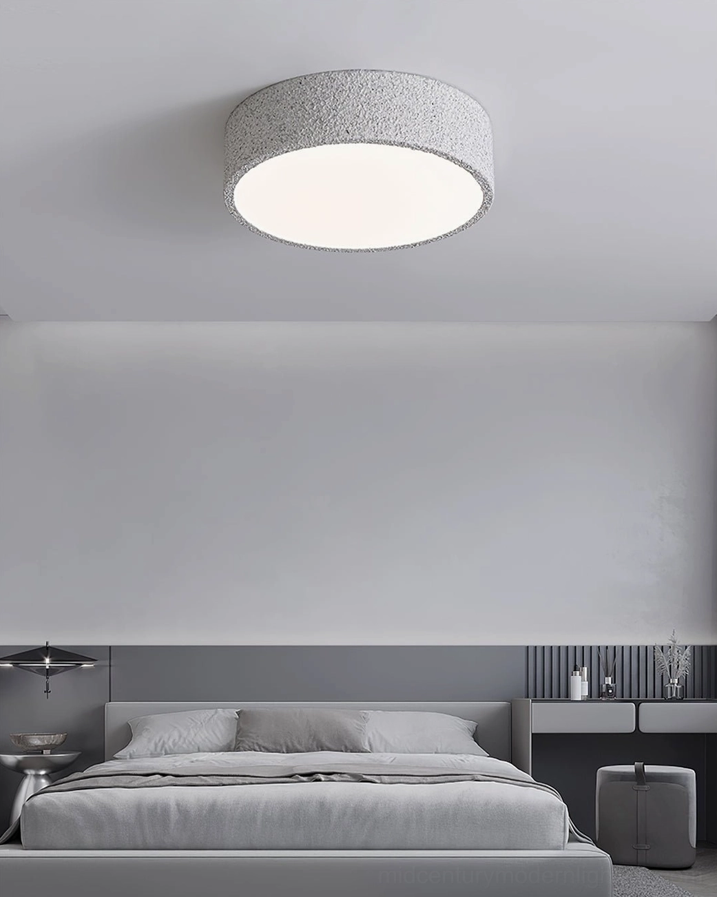 Single Toren ceiling light mounted on grey ceiling in modern master bedroom