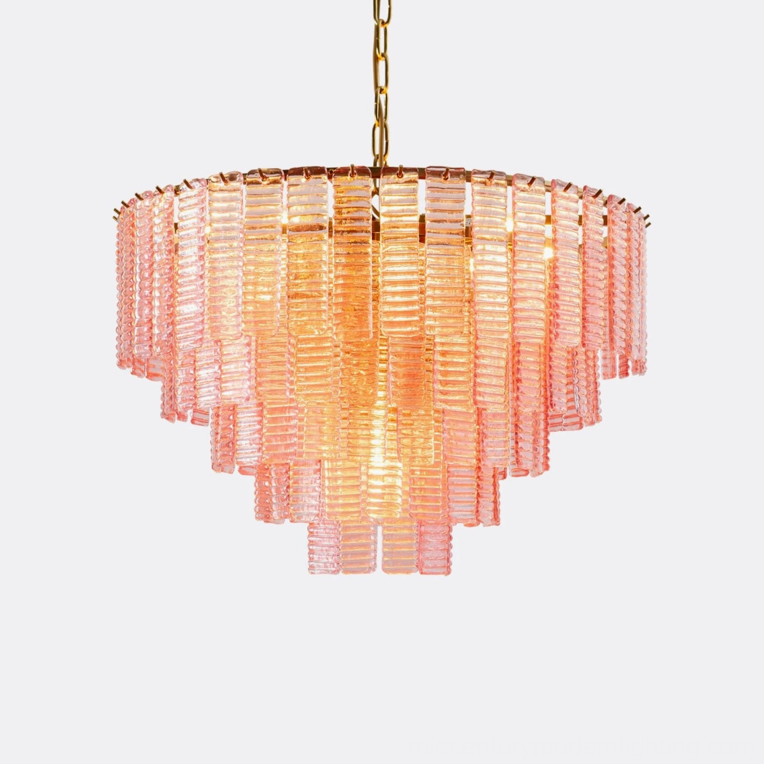 Toronto chandelier tiered glass construction detail showing layered ribbed panels and brass mounting system