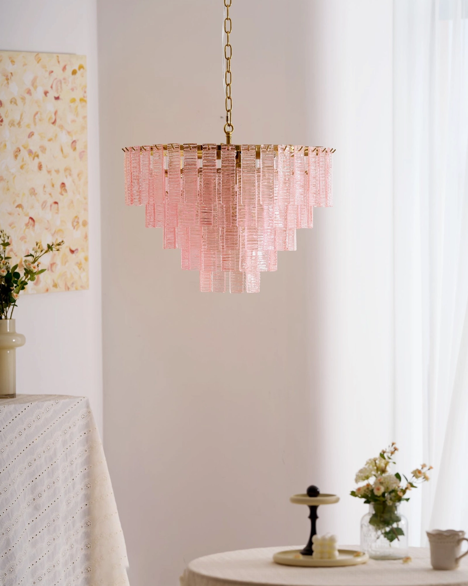 Toronto chandelier pink glass detail showing ribbed texture and light refraction properties