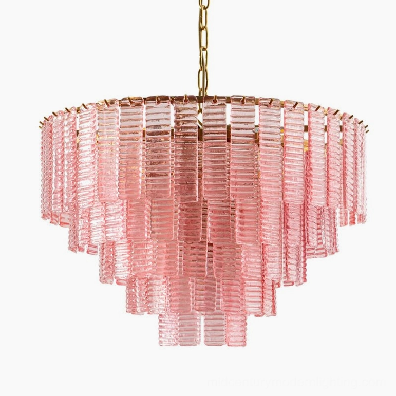 Toronto chandelier in soft pink tiered glass design front studio view with brass accents
