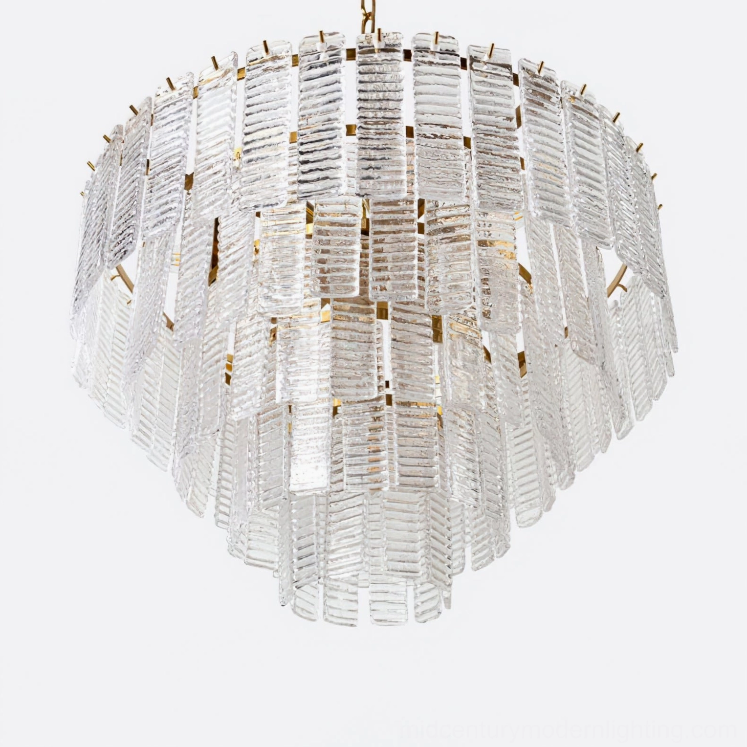 Toronto tiered chandelier side profile view showing glass layer structure and hanging hardware