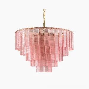 Toronto tiered glass chandelier front view with layered ribbed pink and frosted glass panels and brass hardware on white background