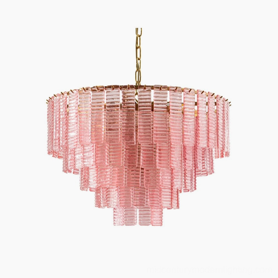 Toronto tiered glass chandelier front view with layered ribbed pink and frosted glass panels and brass hardware on white background