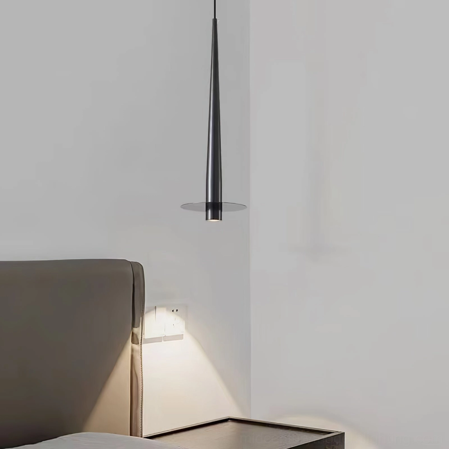 Toronto black pendant lamp bedroom installation - pendant light above bedside with matte black finish