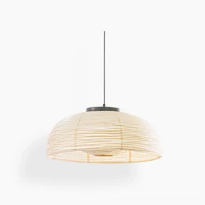 Torrent woven paper pendant lamp studio view – beige rice paper dome with black metal canopy overhead perspective