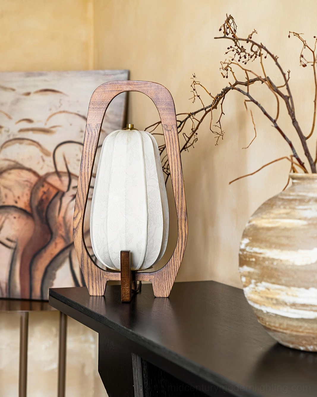 Totem mid-century modern table lamp lifestyle photography, minimalist interior design accent lighting