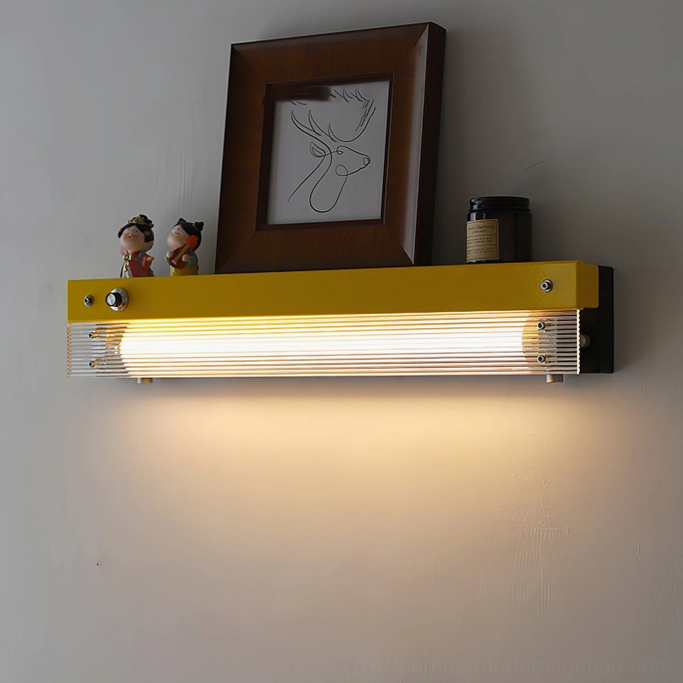 Totem wall lamp in contemporary interior setting with warm ambient light effect