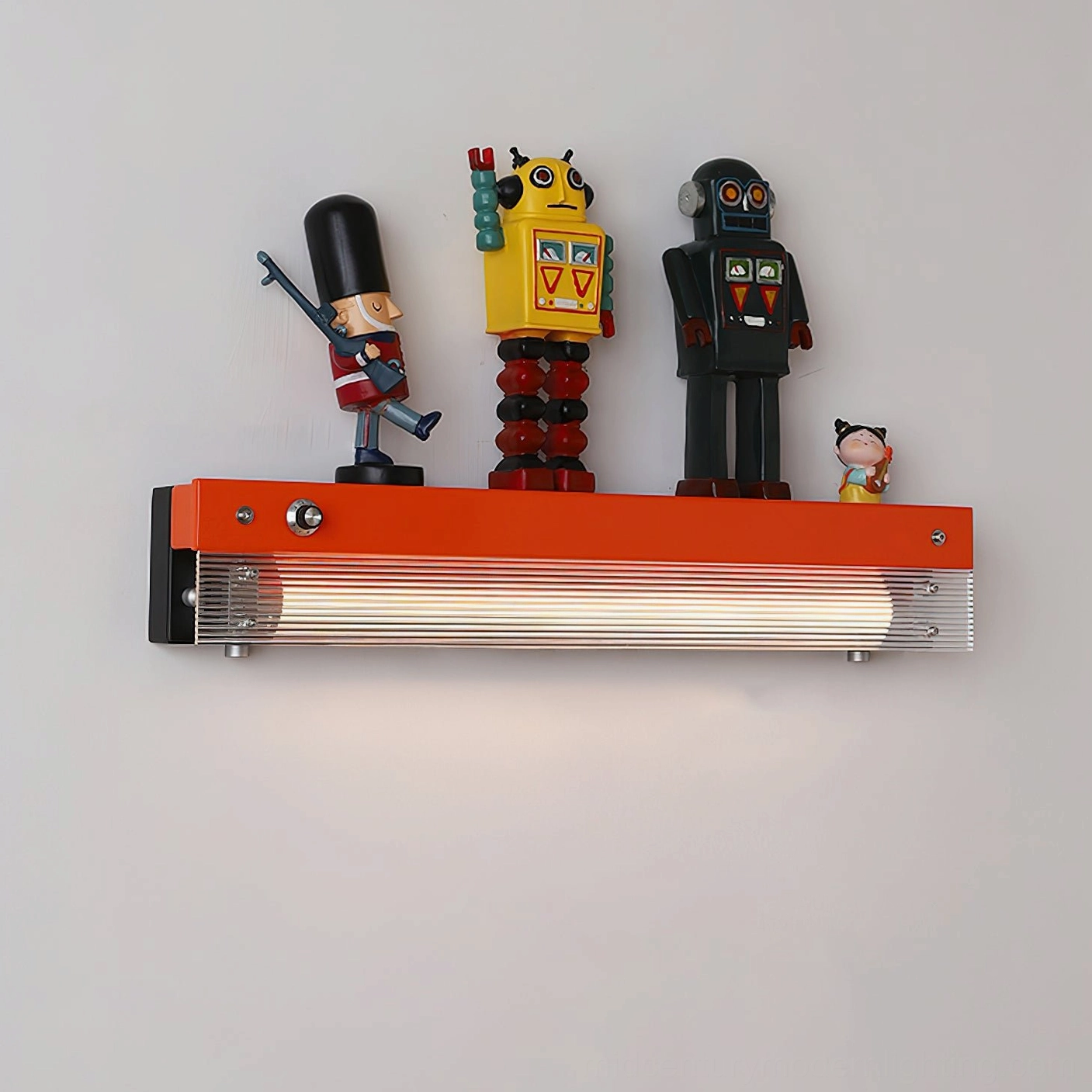 Retro Totem wall lamp with orange-red metal body and robot figurine display