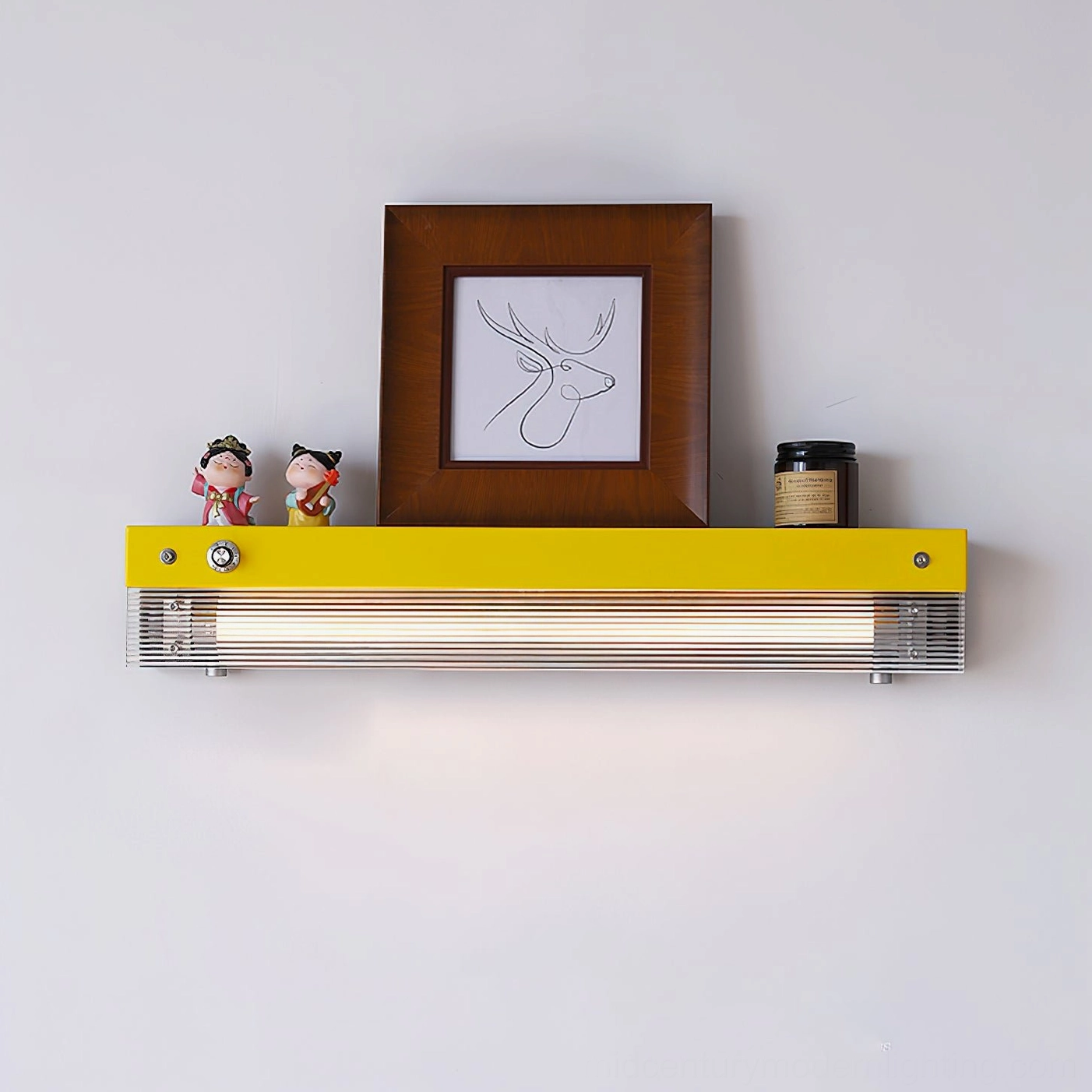Totem wall lamp metal shelf and acrylic diffuser components in assembly detail