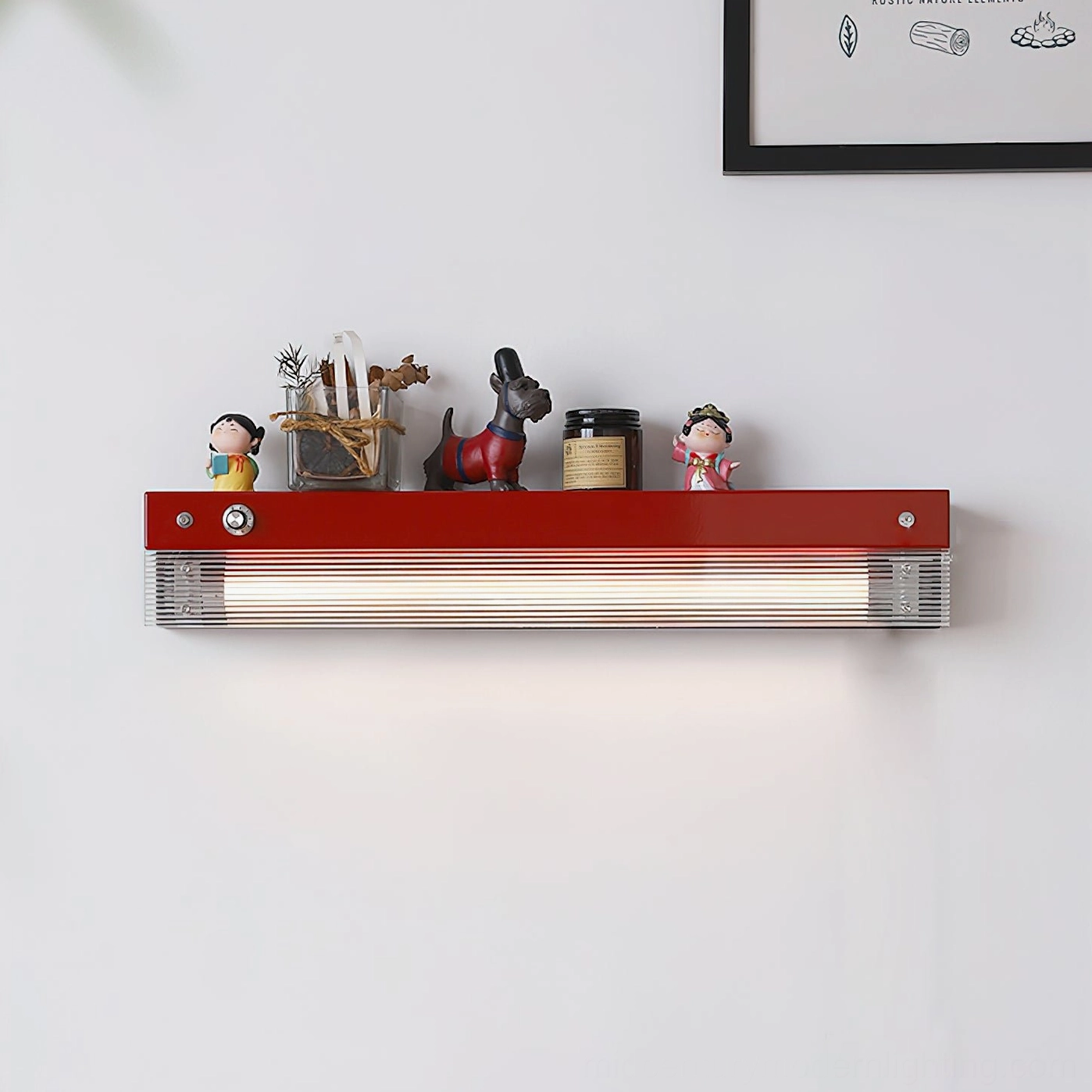 Mid-century modern Totem wall lamp shelf showcasing decorative figurines with warm ambient lighting
