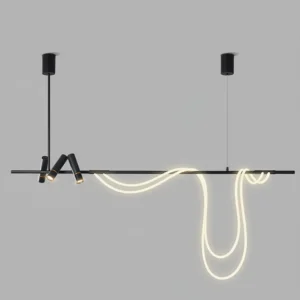 Modern curved LED chandelier detail showing matte black hardware and glowing white neon line on gray background