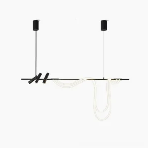 Tracer linear LED chandelier with curved warm white neon light on studio white background - front overhead view