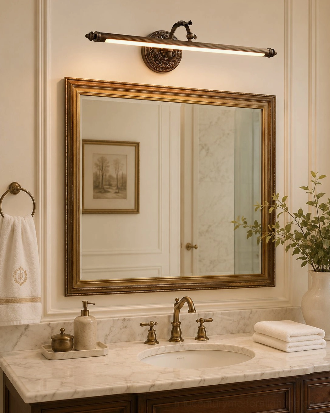 Traditional brass wall sconce casting soft warm light in bathroom vanity area with classic styling