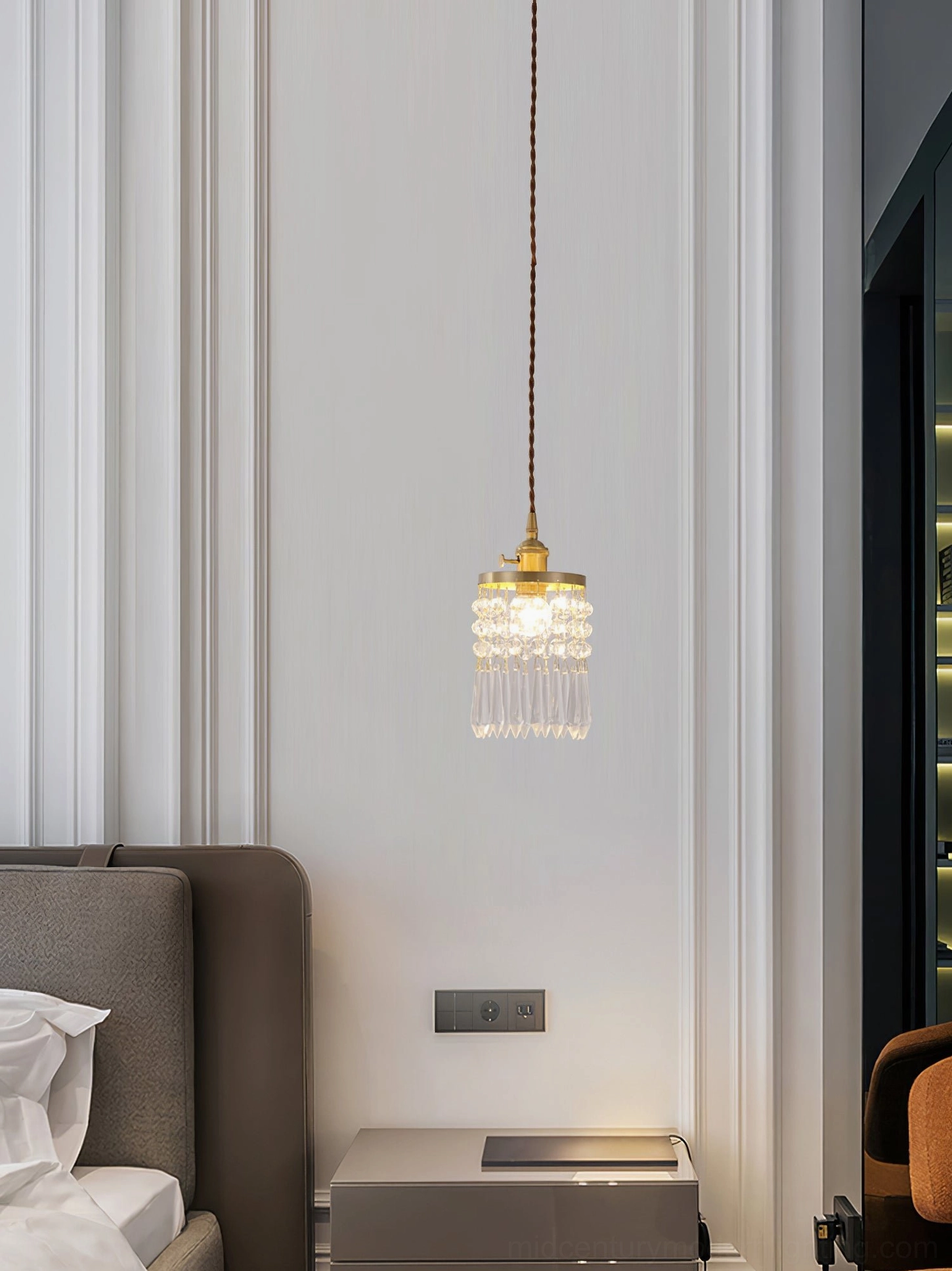 Vintage crystal pendant in contemporary interior, transitional style lighting