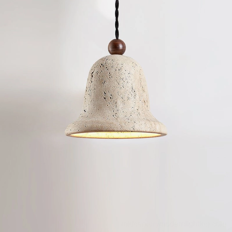 Individual travertine bell pendant model showing natural stone color variations and porous finish