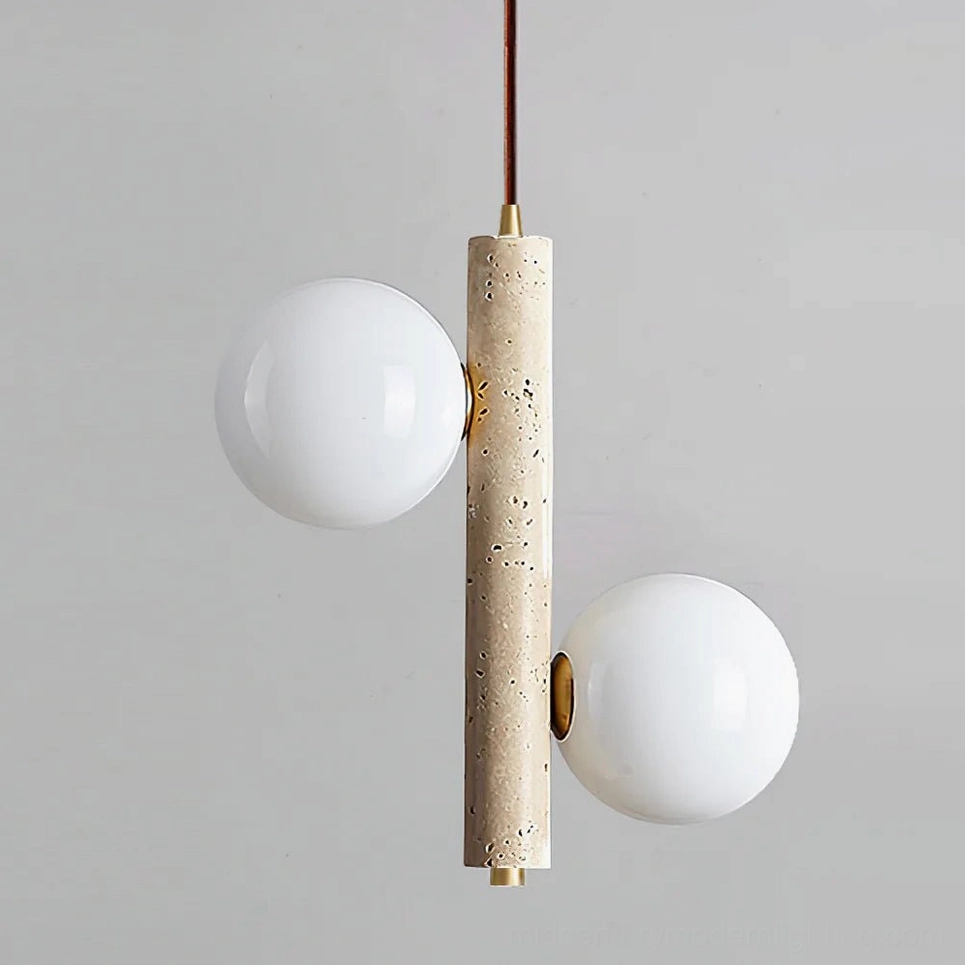 Close-up studio view of two-head travertine pendant lamp showing frosted glass globes and porous stone rod construction