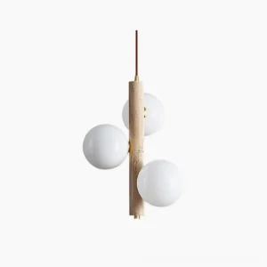 Travertine bubble pendant light with three frosted glass spheres and natural stone rod, front studio view showing mid-century modern design
