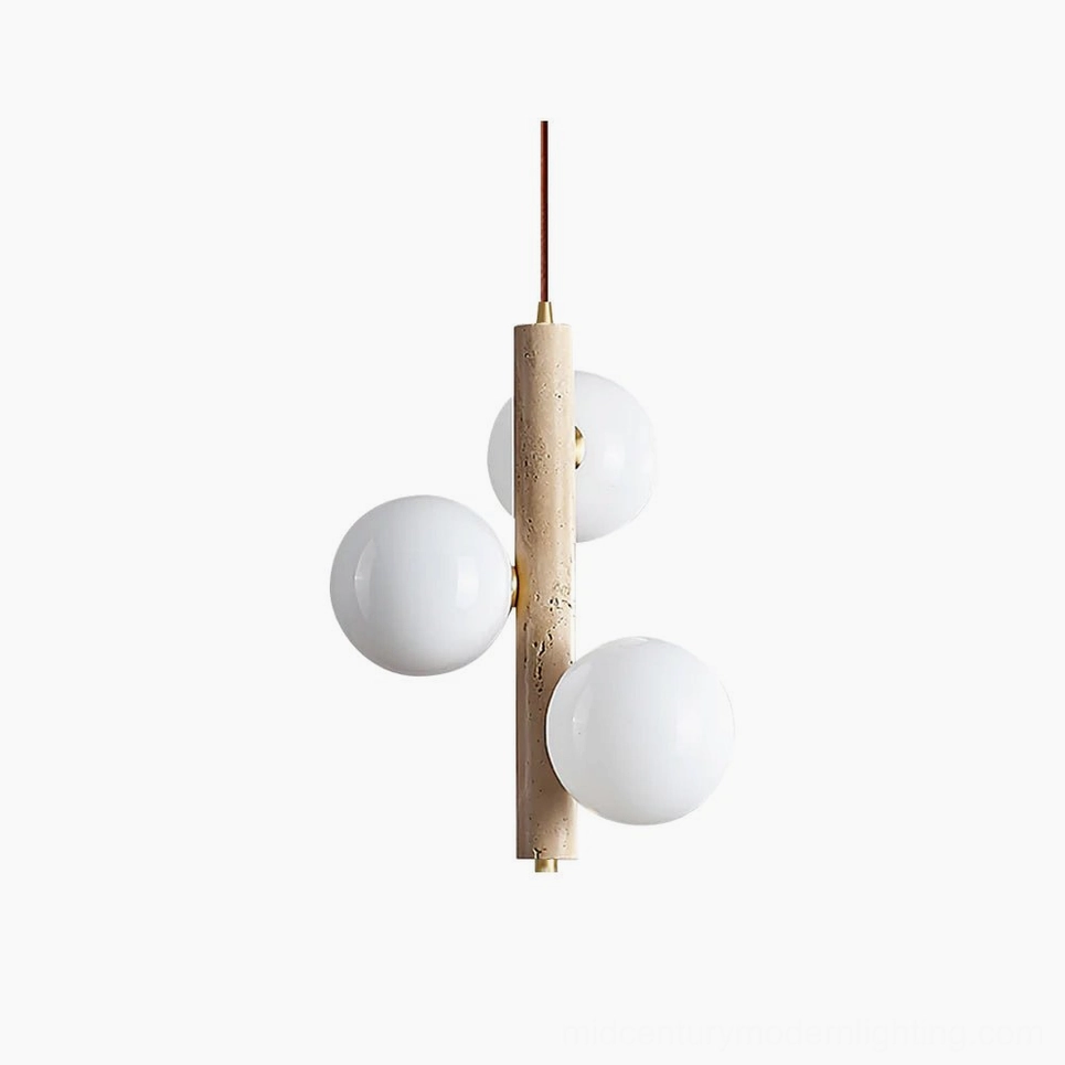 Travertine bubble pendant light with three frosted glass spheres and natural stone rod, front studio view showing mid-century modern design
