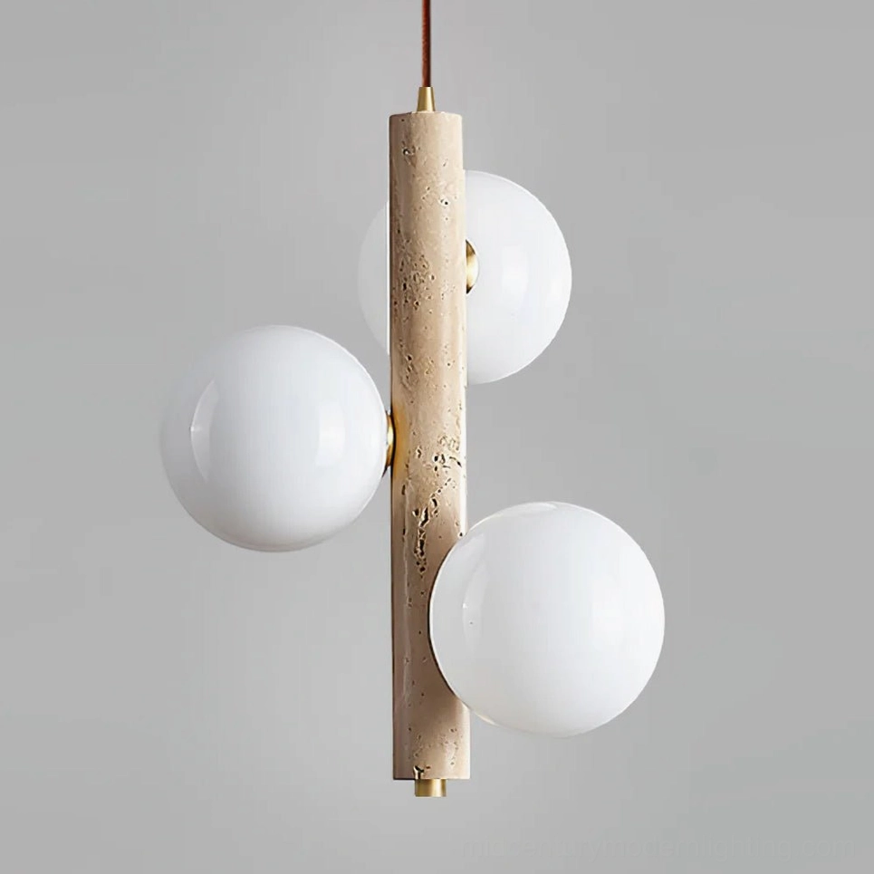 Travertine bubble pendant lamp architectural detail view highlighting natural material texture and mid-century modern proportions