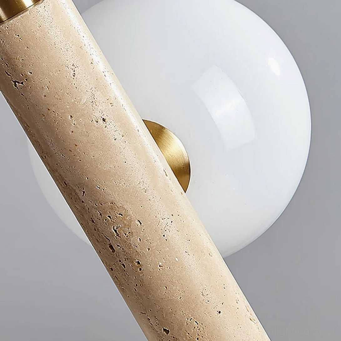 Travertine bubble pendant lamp full product shot showing natural stone rod and frosted glass sphere construction quality