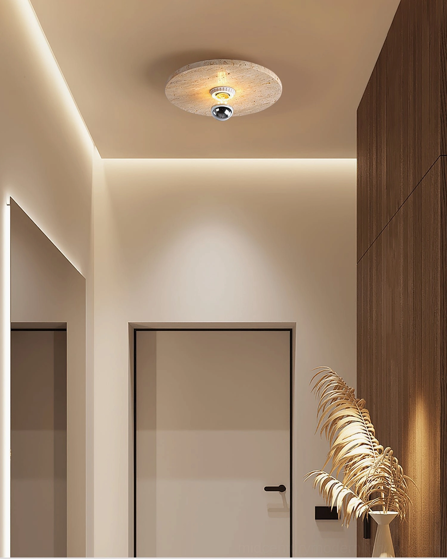 Contemporary residential hallway with travertine stone ceiling light and wood accent wall minimalist entryway design